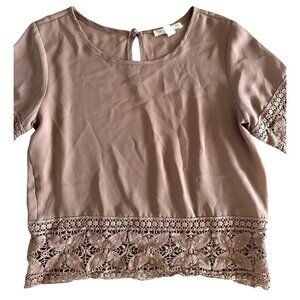 Acacia Acacia Lace Trim Short Sleeve Blouse With Keyhole Back Brown Beige S